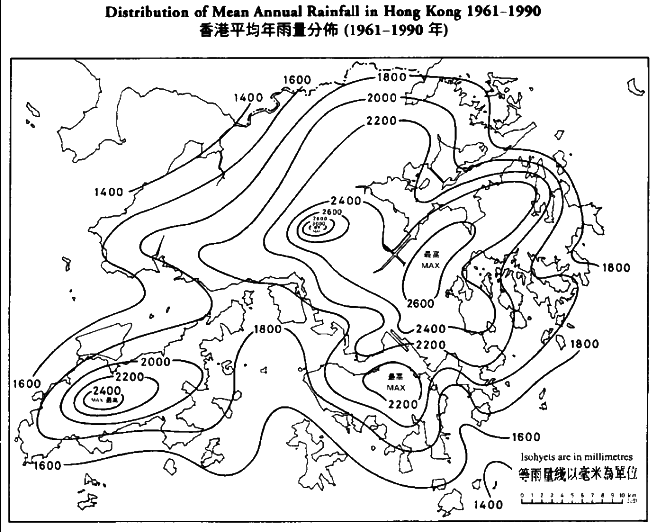 香港平均年雨量分佈圖（1961-1990年）